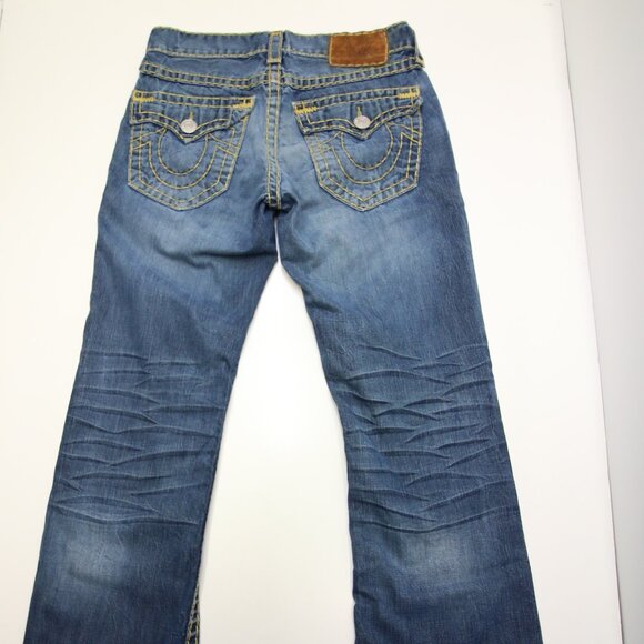 True Religion Billy Super T Thick Stitch Blue Jeans Mens 31 USA Fades Flap Boot